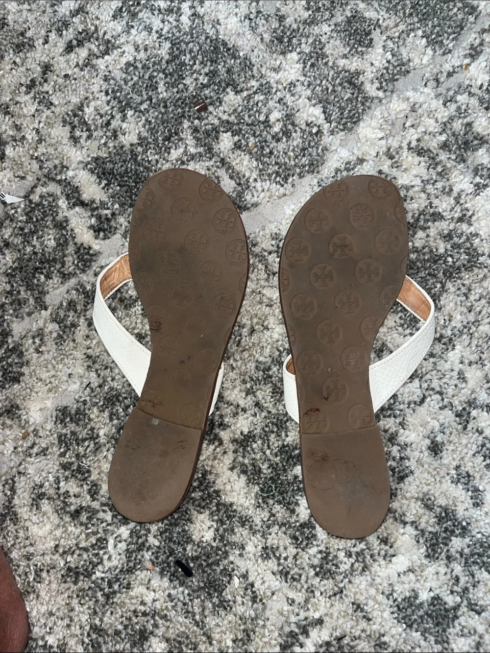 Tory Burch White Leather Flip Flop Sandals with Brown Footbed a little worn